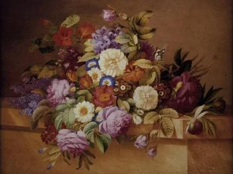 Rozen, winde en andere bloemen op een richel
