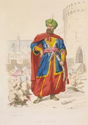 Ali Khoja, heerser van Algiers 1816-1818, schitterend in een groene tulband en met een fraai zwaard, omringd door de afgehakte hoofden van overwonnen vijanden na het bombardement van 1816, midden 19e eeuw (ingekleurde gravure)