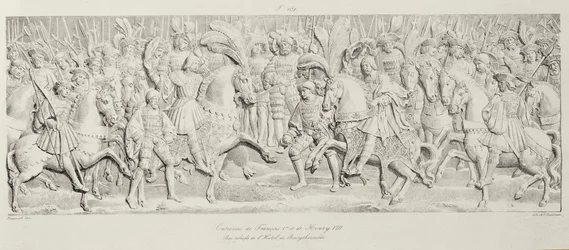 Ontmoeting van François I en Hendrik VIII op het Veld van het Gouden Laken, naar het gebeeldhouwde stenen reliëf in het Hotel de Bourgtheroulde, Rouen, Normandië, 1501-37, gegraveerd door Godefroy Engelmann