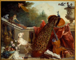 Dieren, bloemen en vruchten. Een hond, een aap die viool speelt, een pauw, een papegaai, een paradijsvogel, snaarinstrumenten. 1717. Zon. 1,24 x 2,31 m. Grenoble, Musée des Beaux-Arts