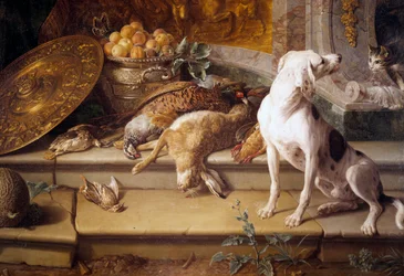 Stilleven met jachthond en wild (haas, fazant, patrijs), detail. Schilderij van François Desportes (1661-1743), 18e eeuw, Gien, jachtmuseum
