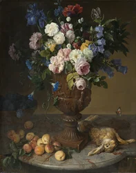 Urn met bloemen, fruit en haas