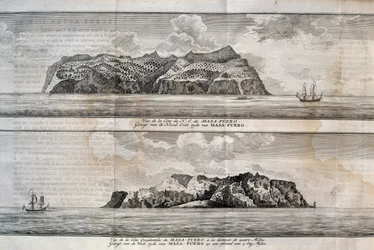 Gezicht op Alejandro Selkirk-eiland of Más Afuera-eiland, Juan Fernández-archipel, Chili, gravure