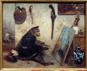 De apenschilder. Schilderij door Alexandre Gabriel Decamps (1803-1860) 1833