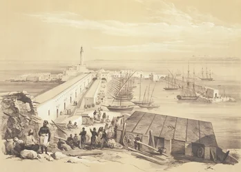 Haven en pier van Algiers, uit een volume ter herdenking van het Franse expeditieleger dat Algiers in 1830 veroverde, gegraveerd door Adolphe Jean-Baptiste Bayot