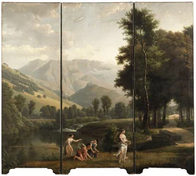 Een Arcadisch landschap met meisjes die bloemen verzamelen aan de oever van een rivier, een kasteel op een heuvel op de achtergrond