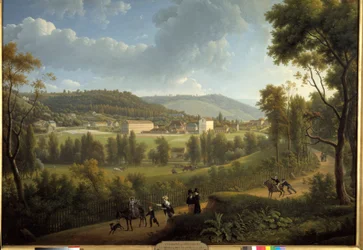 Zicht op het dorp Jouy en Josas met de fabriek opgericht in 1785 door Oberkampf (1738 - 1815). Schilderij door Alexandre Dunouy (1757-1841)