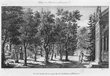 Musée des Monuments Français, Parijs, uitzicht op de Jardin Elysee vanaf het graf van Heloise en Abelard, gegraveerd door Laurent Guyot (1756-1806)