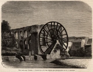 La noria (hydraulische machine om het waterniveau te verhogen met behulp van de energie die door de stroom wordt geproduceerd) aan de Orontes-rivier, een rivier in het Midden-Oosten die Syrië doorkruist naar de Middellandse Zee, tekening door A.de Bar, ter
