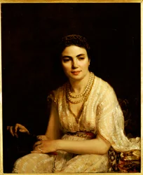 Portret van een Vrouw met een Parelketting en een Waaier
