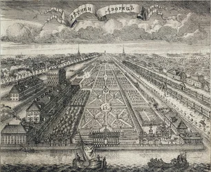 Uitzicht op de Zomertuinen vanaf de Neva-rivier, 1717