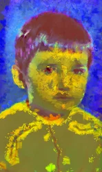 Portret van een jongen op een blauwe achtergrond,2020,(gemengde techniek)