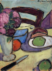 Stilleven met stoel en boeket; Stilleben mit Stuhl und Blumenstrasse, 1906