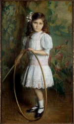 Dochter van de kunstenaar met een hoepel, schilderij door Alexis Axilette (1860-1931), 1909