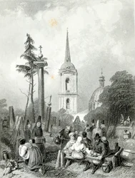 Begraafplaats van de Smolensko Kerk, gegraveerd door E.Smith