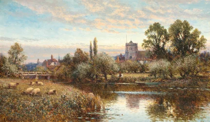Schapen grazen voor de kerk van Wrotham, schemering