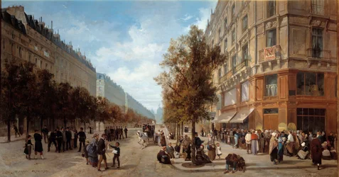 Beleg van Parijs: „Wachtrij voor de deur van een kruidenierswinkel (Félix Potin) op de hoek van de Rue Réaumur en de Boulevard de Sébastopol in november 1870”. Schilderij van Alfred Decaen (1820-1893), 1870. Afmetingen 1 x 0,7 m. Parijs, Musée Carnavalet