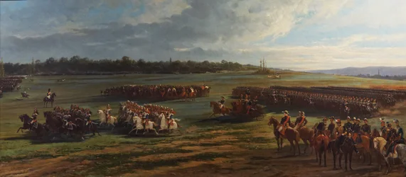 Review van de cavaleriedivisie van de Longchamp Garde door Napoleon III en Francois Joseph I van Oostenrijk, 25 oktober 1867