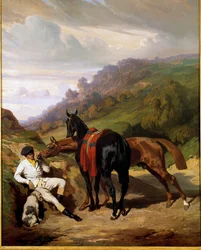 Witte jongen en zijn paarden. Schilderij door Alfred De Dreux (1810-1860). 19e eeuw. Privécollectie