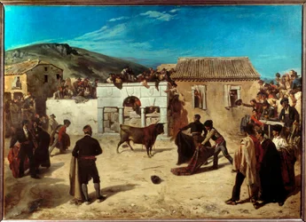 Novillada bij de Escurial. Scène van stierenvechten tussen jonge stieren en jonge stierenvechters in Spanje. Schilderij door Alfred Dehodencq (1822-1882) 1850. Pau, Museum voor Schone Kunsten