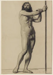 Academische figuurstudie: mannelijk naakt met een staf, 1844