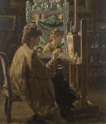 Kunstenaar in haar atelier (olieverf op paneel)