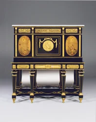 Kast-op-stand, met inlegpanelen en constructieve elementen van een commode door David Roentgen, de friesmonturen toegeschreven aan Francois Redmond