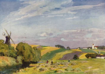 Denemarken: Een typisch Deens landschap, Zuid-Jutland (kleur litho)