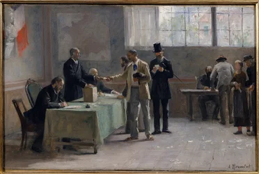 Algemeen kiesrecht: een stembureau in 1889. Schets van Alfred Bramtot (1852-1894), 1889