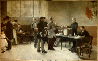 Algemeen kiesrecht. Een stembureau in 1891. Schilderij van Alfred Bramtot (1852-1894), 1891, Les Lilas, stadhuis