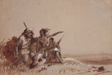 Kansas-indiaan die een pelsjager door gebaren vertelt over de trek van buffels, ca. 1837
