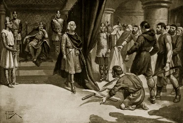 Boeren gooien hun ploegscharen neer aan de voeten van Hendrik I, illustratie uit 
