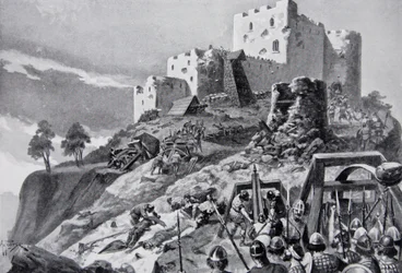 De Welshe aanval op Montgomery Castle in 1095 onder leiding van Cadwgan ap Bleddyn, Prins van Powys, illustratie uit 