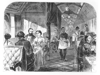 De Palace Hotel-wagen van de Union Pacific Railway, midden 19e eeuw