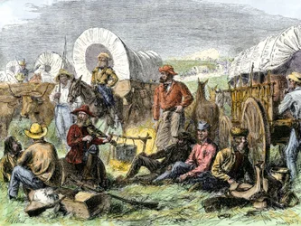 Geschiedenis van de kolonisten van West Conquete: Amerikaanse pioniers. Reizigerskamp bij het Graf van de Nacht bij Diligences, Verenigde Staten. Kleurrijke gravure uit de 19e eeuw.