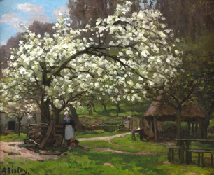 Lente, boerenvrouw onder bloeiende bomen, ca. 1865