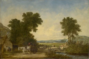 Bosrijk landschap met figuren in een kar, ca. 1855
