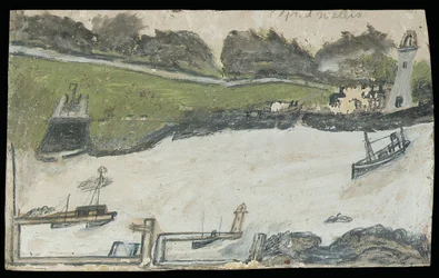 Havengezicht met kasteel en vuurtoren