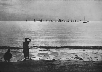Parelvisserijvloot keert terug naar ankerplaats bij zonsondergang, ca. 1890, 1910