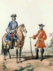 Provost Marshal van de Constabulary en een lid van de militaire politie in 1724, gegraveerd door D. Noirmont