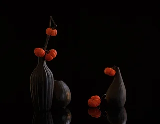 Oranje pompoenen, donkere vazen