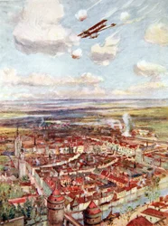 Luitenant Rhodes-Moorhouse vliegt over Kortrijk om de spoorweg te bombarderen