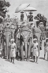 De keizer Harsha brengt eer aan Boeddha, AD 645