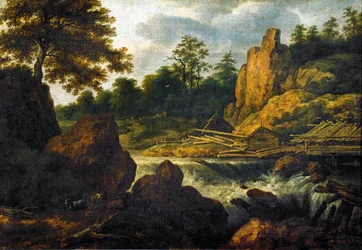 Landschap met houtzagerij (olieverf op doek)