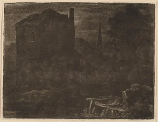 Nachtelijk Landschap met Huis en Kerkspits