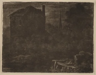 Nachtelijk landschap met huis en kerktoren