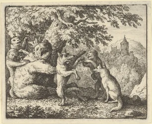 Op bevel van de leeuw wordt een stuk huid van de beer genomen, een stuk van de voorpoten..., 1650-75