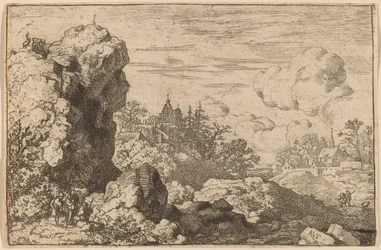 Drie reizigers aan de voet van een hoge rots, waarschijnlijk ca. 1645-1656