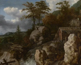 Waterval met blokhutten, ca.1665-1670 (olieverf op doek)