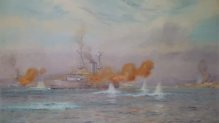 H.M.S. Albion onder bevel van Kapitein A. Walker-Heneage voltooit de vernietiging van de buitenforten van de Dardanellen in 1915, 1925